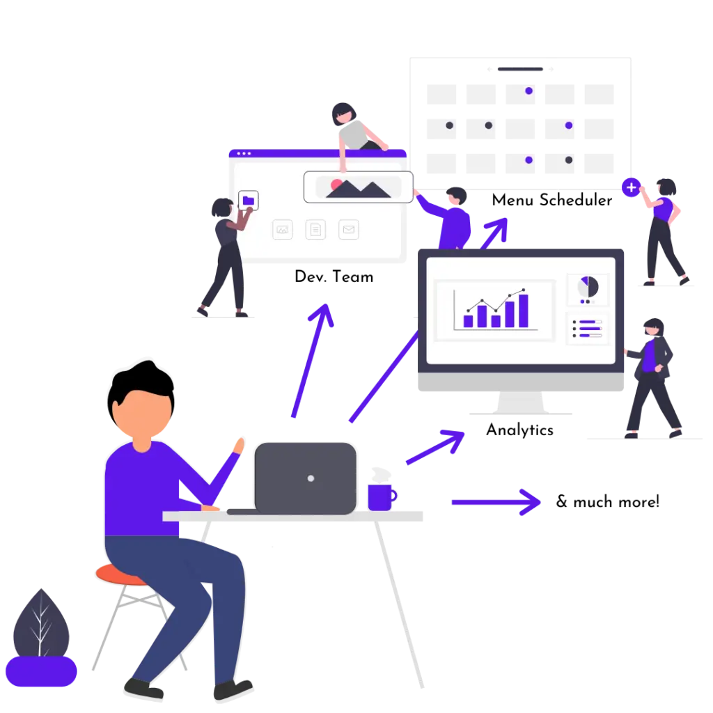 A flat vector illustration of a person sitting at a desk with a laptop, with arrows pointing to various digital interfaces. Small figures are shown interacting with a dashboard of photos, a file management window, and a desktop monitor displaying data charts and analytics. The color scheme uses purple, black, and white accents.